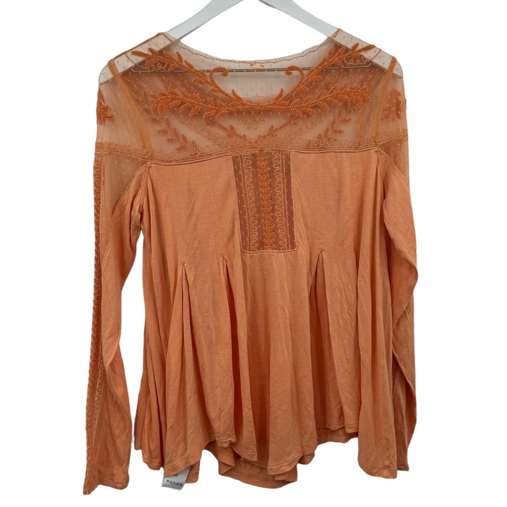 Free People Jojo Embroidered Mixed Media Long Sleeve Top Coral Size Small - Picture 8 of 11